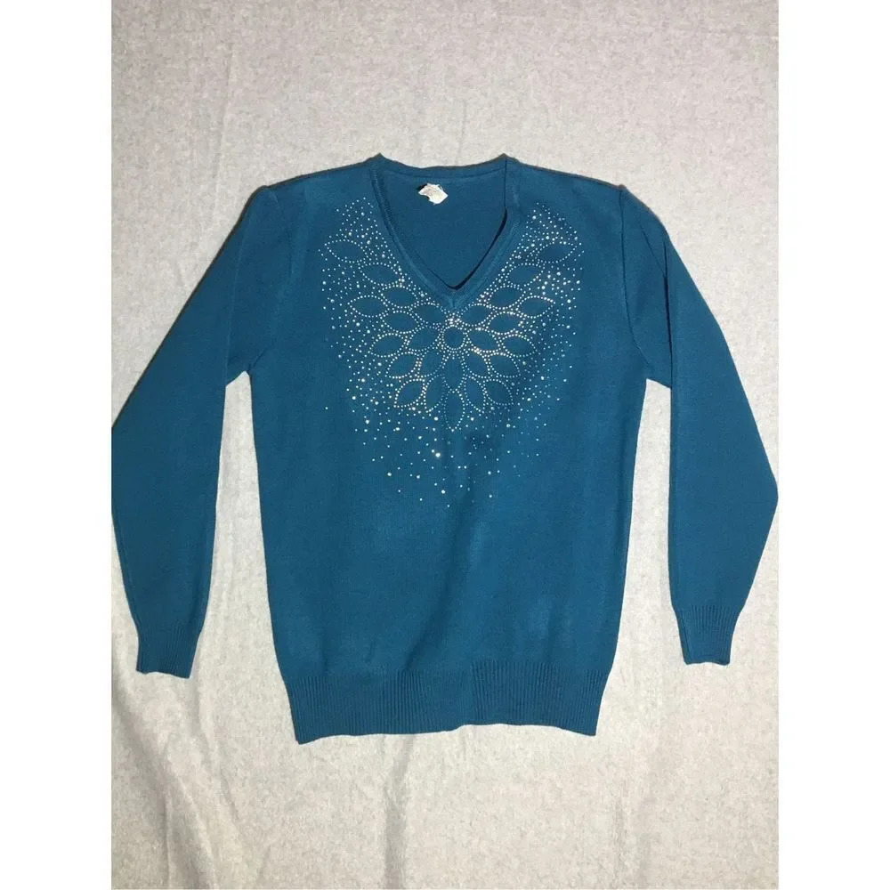 Womens Vintage Bedazzled Sweater Size Medium New Years Eve Party Teal Blue